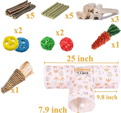 HERCOCCI Rabbit Toys, Bunny Tunnels & Tubes, Collapsible 3 Way Rabbit Hideout Tunnel with Chew Toys for Bunny Guinea Pig Ferret Kitten