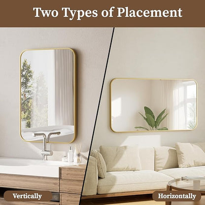 BEAUTYPEAK 30" x 40" Gold Metal Frame Rectangle Vanity Mirror with Rounded Corners, Wall Mounted Bathroom Mirror for Farmhouse, Restroom, Entryway, Horizontal or Vertical Hanging