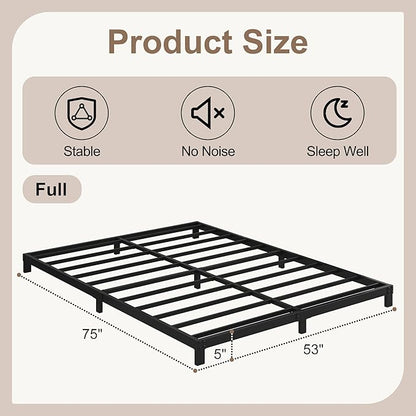 5 Inch Low Bed Frame Full, Heavy Duty Full Size Bed Frame Low Profile, No Box Spring Needed, Easy Assembly, Noise Free, Black