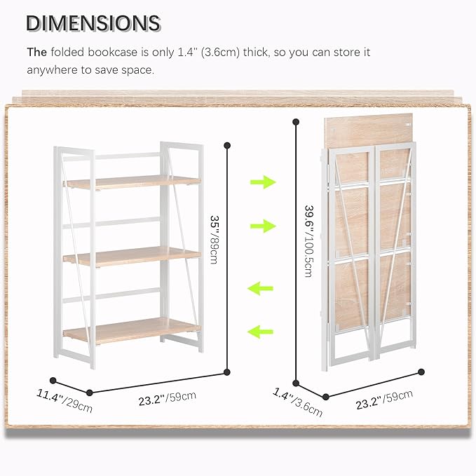 4NM No Assembly 3 Tiers Book Shelves, White Folding Bookshelf Bookcase Open Industrial Foldable Shelves for Bedroom, Living Room, Home Office - Natural White