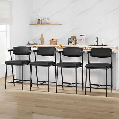 GarveeHome Counter Height Bar Stools of 4 with Armrests, 4 Piece Counter Height Bar Stools Set with Wood Back, Upholstered Seat & Metal Footrest for Kitchen Islands, Counter Bars, Retro Black