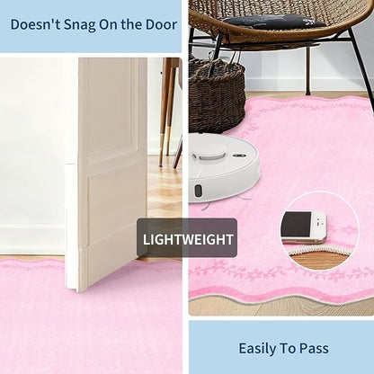 GarveeHome Round Area Rugs 6ft for Bedroom, Solid Pink Washable Circle Rug Soft Non Slip Floral Print Floor Mat Leaves Carpet Indoor Thin Rug for Living Room Dining Room Playroom Nursery