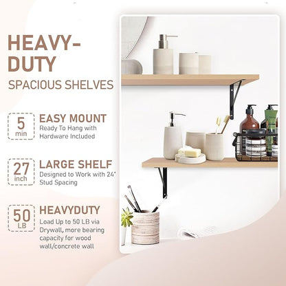 Kaboon 27 inch Long 10 inch Deep Floating Shelves for Wall Set of 2, Large Open Shelves Wall Mounted, Space Saving Home and Commercial Use, Light Walnut