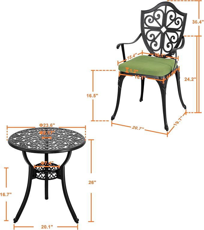 NUU GARDEN 3 Piece Outdoor Bistro Set Cast Aluminum Patio Set Bistro Table Set Rustproof Patio Table and Chairs with Umbrella Hole and Green Cushions for Backyard, Balcony, Porch, Black