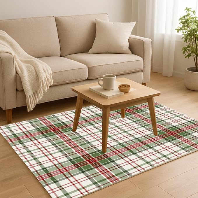 Muddy Mat짰 Plaid 5x7 Washable Area Rugs for Living Room, Bedroom & Dining Room ??Modern Soft Low Pile Non Slip Carpet ??Pet Friendly Waterproof Foldable Rugs for Home