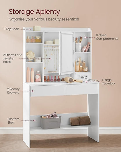 VASAGLE Vanity Desk with Power Outlets, Makeup Vanity with Mirror and Lights, Upholstered Vanity Stool, Dimmable LED Lights, 6 Compartments, 2 Drawers, for Bedroom, Cloud White URDT031W01