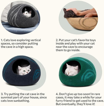 MEOWFIA Cat Cave – Premium Felt Cat Bed for Indoor Cats, Handmade Merino Wool (Light Grey, Large)
