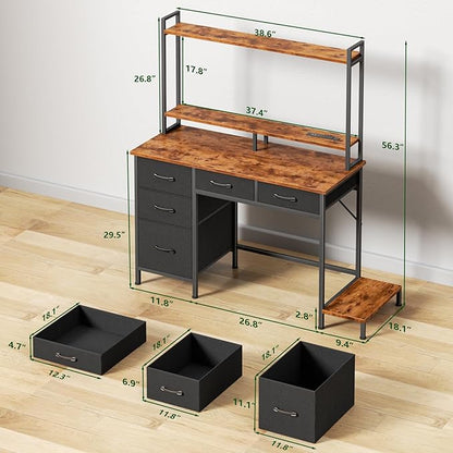 Computer Gaming Desk with Hutch, Home Office Desk with Power Outlets, LED Light, 5 Storage Drawers, 2 Tiers Shelves for Display, 39 Inch Modern Study Writing Table for Bedroom, Rustic Brown