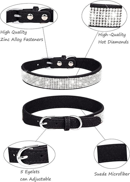 Dog Collar for Small Dogs, Adjustable Leather Suede Bling Dog Collars，Black Dog Collar Cat Collar, Rhinestone Dog Collar(S, Black)