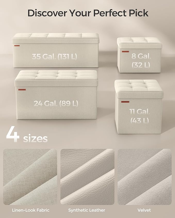 SONGMICS MAZIE Collection - 43 Inches Folding Storage Ottoman Bench, Ottoman Foot Rest, End of Bed Bench, Storage Chest, Load 660 lb, for Living Room, Bedroom, Entryway, Cream White ULSF77BE