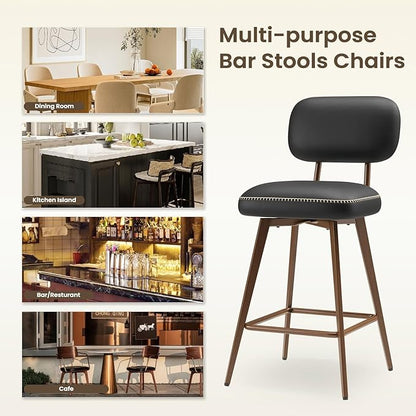 PU Leather Swivel Bar Stools Set of 2, Mid Century Counter Height Bar Chairs with Low Back and Metal Legs, Modern Bar Stool Chair for Kitchen Island, Black