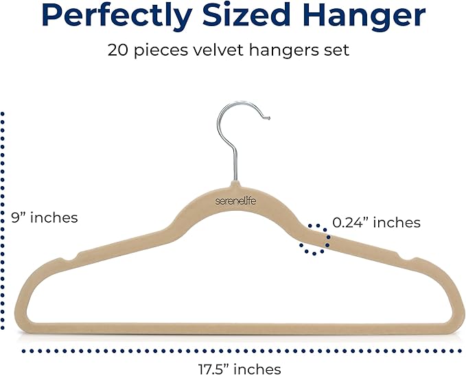 SereneLife 20 Pack Velvet Hangers - Non-Slip Felt Hangers with 360° Swivel Hook - Ultra-Thin, Lightweight, Space Saving for Shirts, Sweaters, Hoodies, Kids Clothes & Dresses