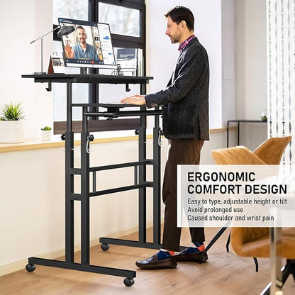 Small Standing Desk with Wheels, Tall Mobile Stand Up Table, Portable Standing Desk for Walking Pad, Rolling Table Adjustable Height, Rolling Computer Table for Tall Person