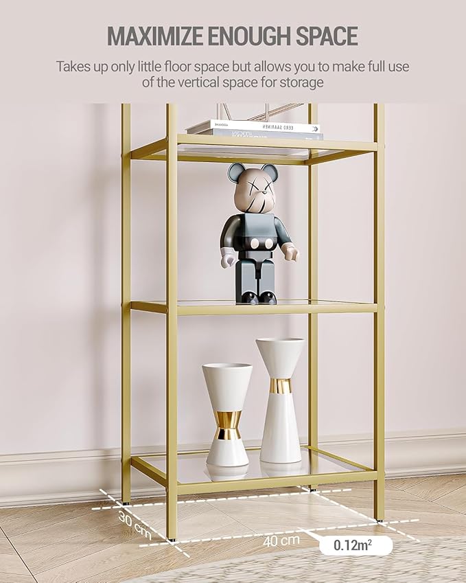 Bookcase Bookshelf, Tempered Glass Bookshelves, Slim Shelving Unit for Bedroom, Bathroom, Home Office, Steel Frame, 4 Tier Gold BC04001G