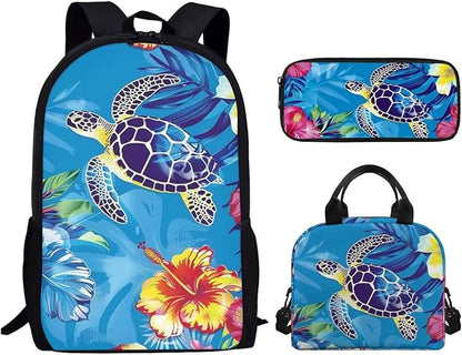 Sea Turtle Backpack for Girls, 3PCS Kids School Bag with Lunch Box Pencil Case Lightweight Book Bag Set for School Travel, Large School Backpack for Kids, Blue