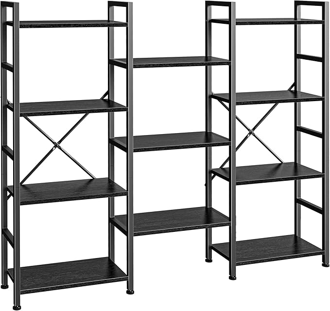 SUPERJARE Triple 4 Tier Bookshelf, Bookcase with 11 Open Display Shelves, Wide Book Shelf Book Case for Home & Office, Black