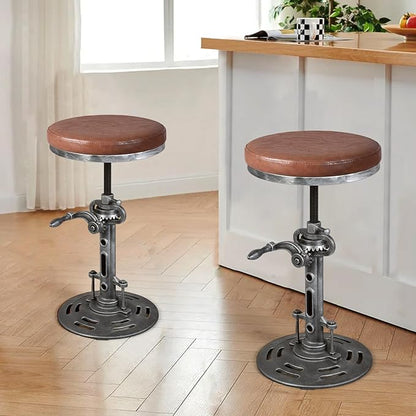 LOKKHAN American Antique Steampunk Deco Vintage Industrial Bar Cafe Stool, Retro Stylish Cast Iron Base Swivel Round Leather Top, Easily Adjusts by Crank Handle