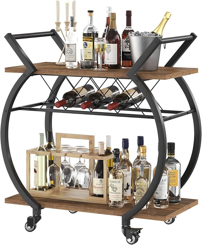 LVB Industrial Kitchen Bar Cart, Farmhouse Beverage Serving Liquor Cart with Wheels, Wood and Metal Rolling Wine Cart with Storage Shelf, Microwave Drink Cart for Home Living Dining Room, Rustic Brown