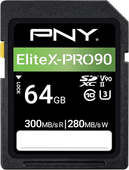 PNY 64GB EliteX-PRO90 UHS-II SDXC Memory Card – R300MB/s W280MB/s, U3, V90, 8K UHD, Full HD, UHS-II for Professional Photographers & Content Creators, DSLR, Mirrorless Cameras, Advanced Video Cameras