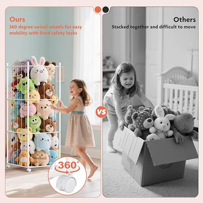 GoKEDA Stuffed Animal Storage,Extra Large Metal Stuffed Animals Storage Tower,Heavy Duty Stuffed Animal Holder with Elastic Plushies Storage Organizer for Nursery,Kids Room,Playroom (White)