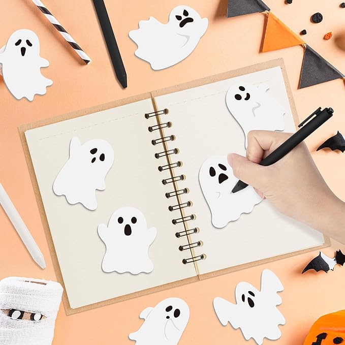 72pcs Halloween White Ghost Sticky Notes & Pens & Ribbons Set, Cute Little Boo Pastel Notepads Gift, Self-Stick Memo Pad for Office Classroom Halloween Back to School Party Favor Supplies