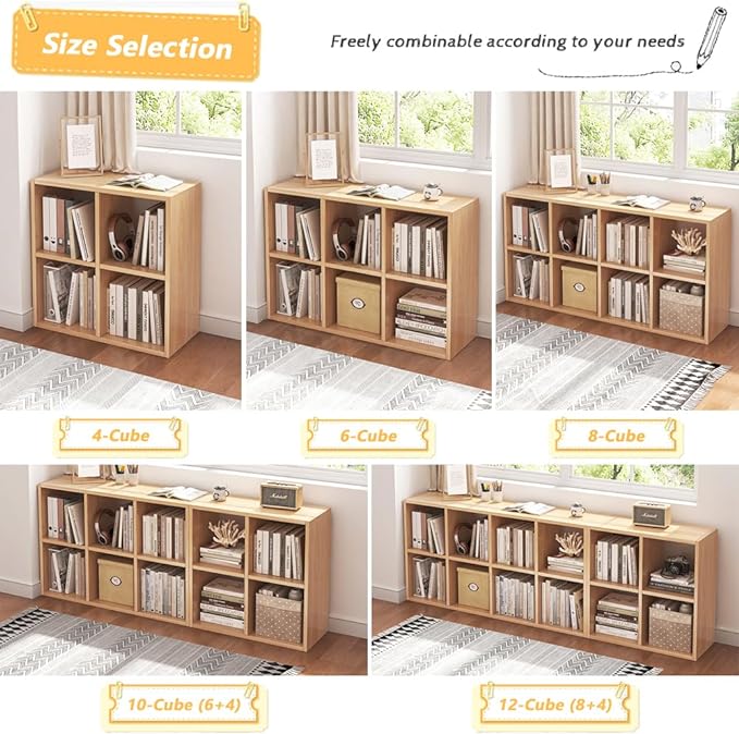 4 Cube Organizer Bookcase - Fabric Storage Bins Container, Open Shelf Simple Compartments Bookshelf, Oak