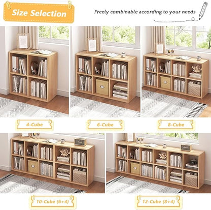 4 Cube Organizer Bookcase - Fabric Storage Bins Container, Open Shelf Simple Compartments Bookshelf, Oak