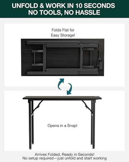 Frylr Small Folding Computer Desk – 43.3 Inch Portable Table for Craft and Study, Lightweight Desk for Small Spaces, Foldable Laptop Table Built-in AC/USB Outlets for Convenience, Charcoal Wenge