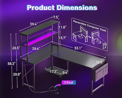 AODK L Shaped Desk Gaming Desk with LED Light & Power Outlet, 53 Inch Reversible L Shaped Computer Table with Shelf & Storage Bag & Hook for Home Office, Black