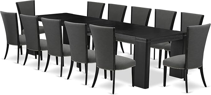 X12VE-006-50 - 13-piece Modern Dining Room Table Set a Rectangular Kitchen Table and 12 Dark Gotham Grey Linen Fabric Dining Chair, 39x120 Inch, Wire Brushed Black