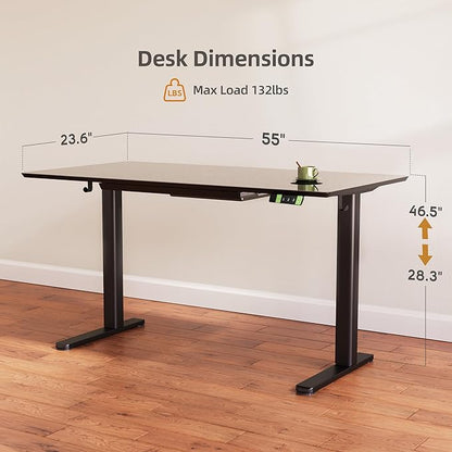 INNOVAR Glass Standing Desk with Drawers, 55×27.6 Inch Adjustable Stand Up Desk Quick Install Home Office Computer Desk, Black