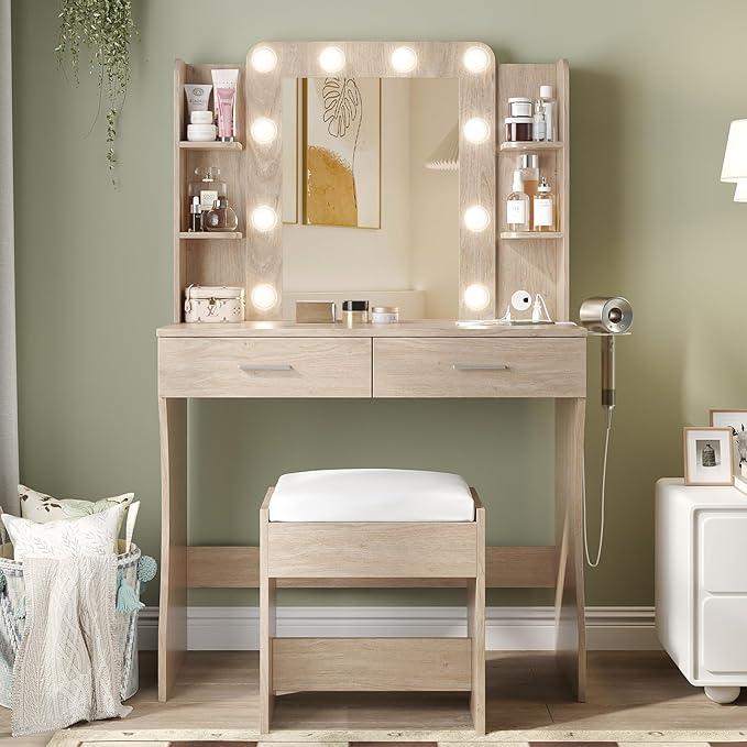 Vabches Vanity Desk with Mirror and Lights,Makeup Vanity Table with Charging Station,2 Drawer Bedroom Dressing Table with 3 Colors Modes Dimming & Cushioned Stool,Natural Oak