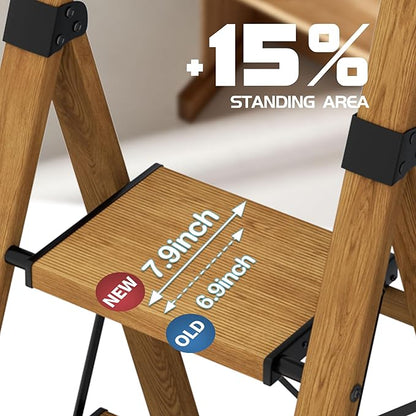 4 Step Ladder,Lightweight Folding Step Stool with Aluminum Wide Pedal& Convenient Handgrip,330lbs Capacity Steel Ladder for Household and Office(Woodgrain)