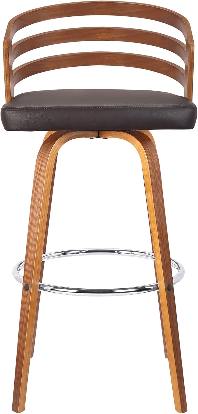 Armen Living Jayden Mid Century Modern Swivel Bar Stool for Kitchen Island Counter in Brown Faux Leather and Walnut Wood, 26" Seat Height