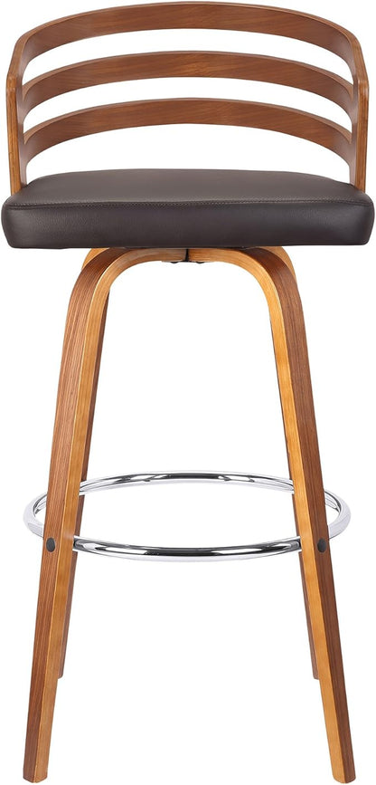 Armen Living Jayden Mid Century Modern Swivel Bar Stool for Kitchen Island Counter in Brown Faux Leather and Walnut Wood, 26" Seat Height