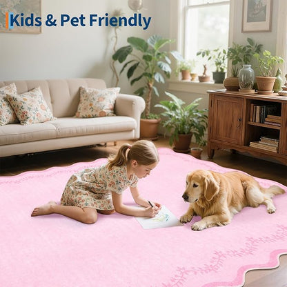 GarveeHome 5x7 Valentines Scalloped Area Rug Pink Washable Rugs for Living Room Bedroom, Soft Low Pile Non Slip Accent Floor Mat Solid Floral Print Throw Rug Farmhouse Indoor Carpet for Dorm Playroom