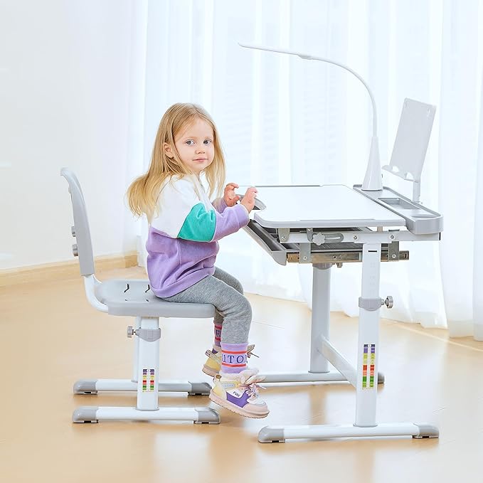 Diroan Kids Functional Desk and Chair Set, Ergonomic Height Adjustable Children School Study Desk with Tilt Desktop, Book Stand, LED Light, Metal Hook and Storage Drawer for Boys Girls(Grey)