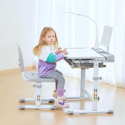 Diroan Kids Functional Desk and Chair Set, Ergonomic Height Adjustable Children School Study Desk with Tilt Desktop, Book Stand, LED Light, Metal Hook and Storage Drawer for Boys Girls(Grey)