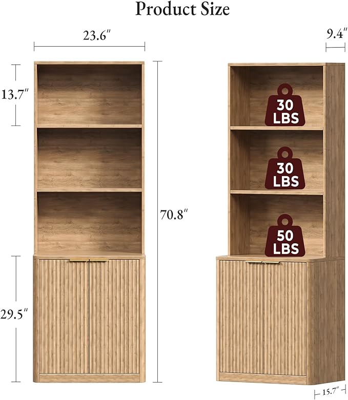 71" Oak Bookcase with Doors, 5-Tier Fluted Tall Bookshelf with Storage, Librero with Cabinet for Home Office, Living Room,or Bedroom