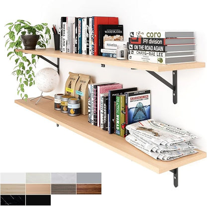 Kaboon 55 inch Long 10 inch Deep Floating Shelves for Wall Set of 2, Large Open Shelves Wall Mounted, Space Saving Home and Commercial Use, Light Walnut