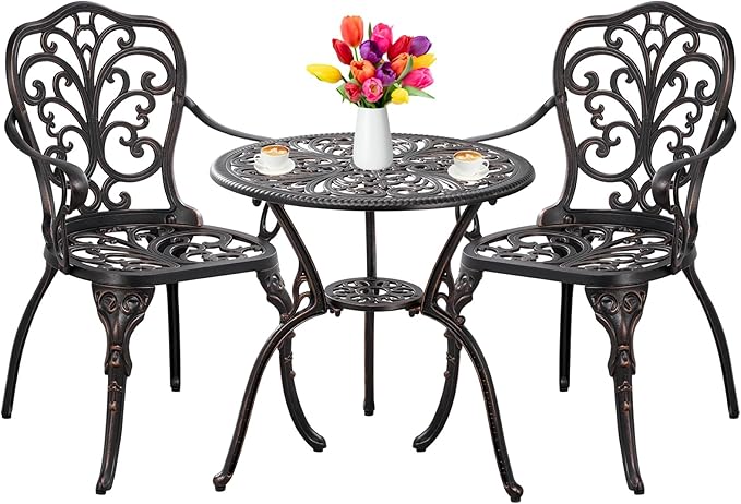 Outdoor Bistro Table and Chairs Set of 2 Cast Aluminum Patio Bistro Set with Umbrella Hole, All Weather Bistro Table Set for Garden, Suitable for All People, Bronze