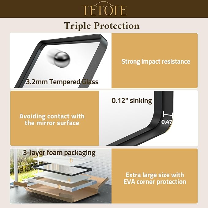 TETOTE 55 x 36 Black Bathroom Mirror Large Black Mirrors for Wall Decor, Metal Frame, Tempered Glass, Modern Farmhouse Wall Mounted Mirror for Decorative(Horizontal/Vertical)