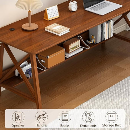 Extra Long Desk with Bookshelf - Wooden Home Office Work Study Table, Writing Computer Workstation with Storage Shelf in Wanut, 47" Wx16 Dx30 H