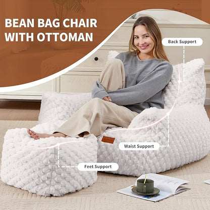 Bean Bag Chair with Ottoman, Modern Giant Bean Bag Couch Sofa with Footstool, Lounge Large Bean Bag Chairs for Adults Teens, Comfy Faux Fur Reading Chair for Bedroom, Living Room