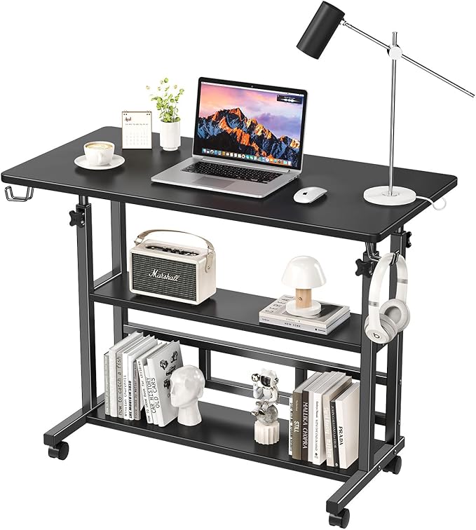 Adjustable Height Standing Desk, Rolling Stand Up Desk with Storage Shelves, 31.5" Small Mobile Computer Desk, Portable Laptop Table (Simple Black)