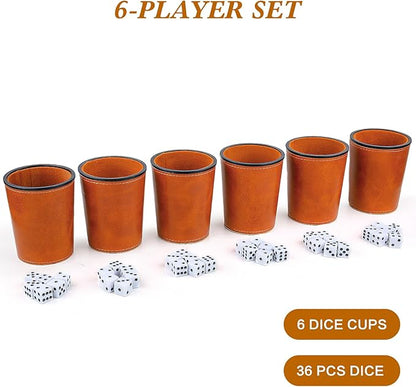 Felt-Lined PU Leather Dice Cup Set, 6 Quiet Dice Shaker Cups with 36 Dices for Bar Party Yahtzee Farkle Games, Brown