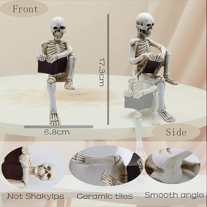 Modern Reading Figurine Decor Office, Human Skeleton Decor Library Resin Abstract Reading, Christmas Decorations Indoor Halloween for Graveyard, Thinker Style for Office Shelf Desktop