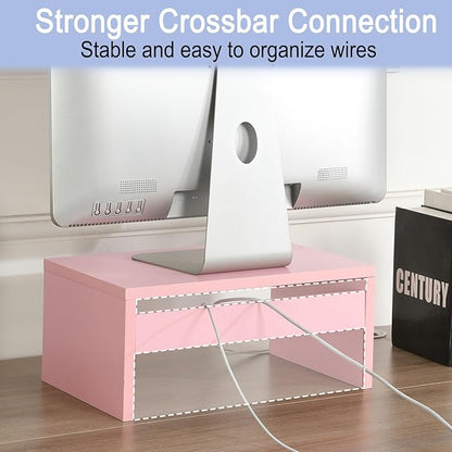 TEAMIX Pink Monitor Stand Riser-6.7 inch, Wood Higher Monitor Riser with Storage for Desk, Laptop Riser Computer PC Stand for Desktop Workspace Home Office(Pink-Higher)