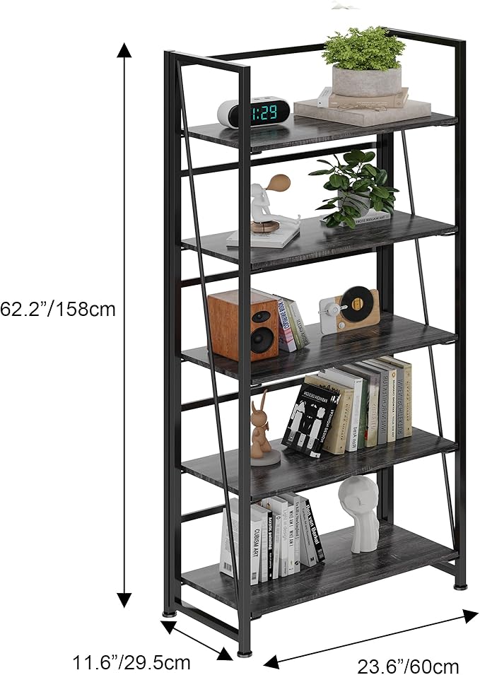BHG Vintage Multifunctional Folding Bookshelf, No-Assembly Plant Stand Storage Rack Shelves for Home Office (Gray, 5-Tier)