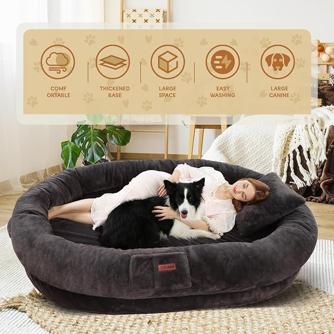 Human Dog Bed for Adult Kids, 70"x33"x12" Washable Faux Fur Human Size Dog Bed for People Doze Off, Dark Grey